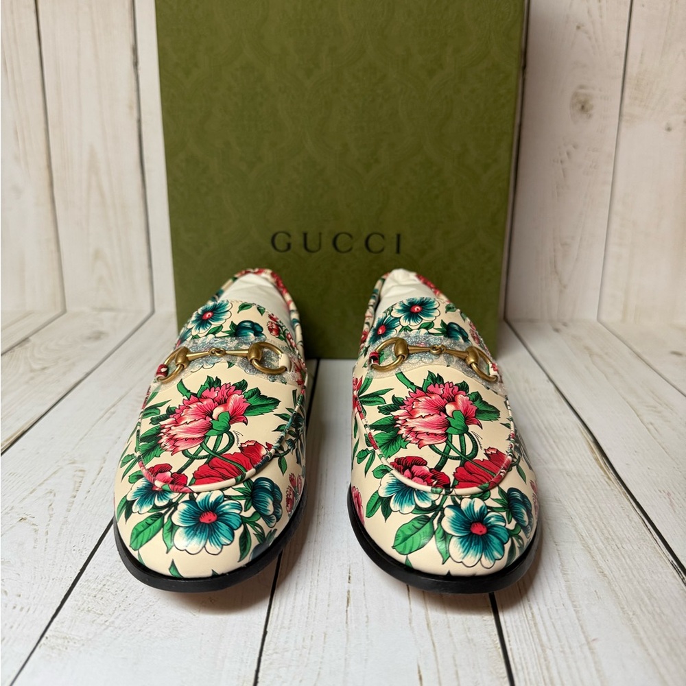 Gucci Floral Print Leather Horsebit Jordaan Loafer Multicolor Sz 37 / 7 - Picture 4 of 15